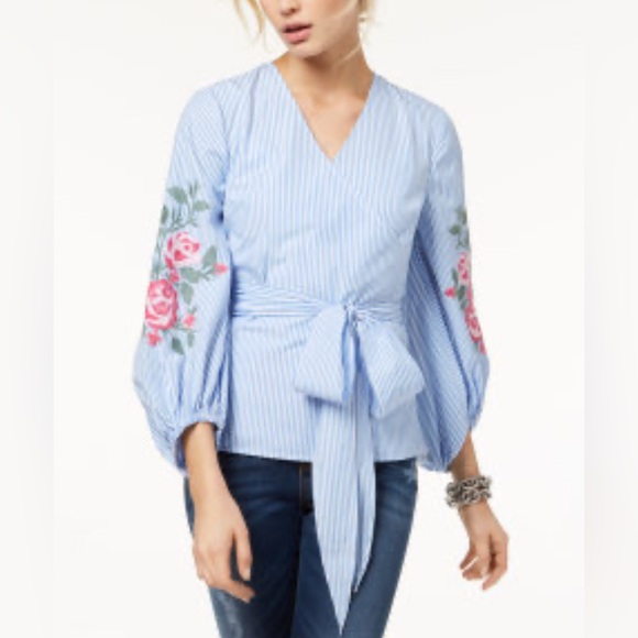 Inc International Concepts Blue Embroidered Striped Blouse - Picture 1 of 5